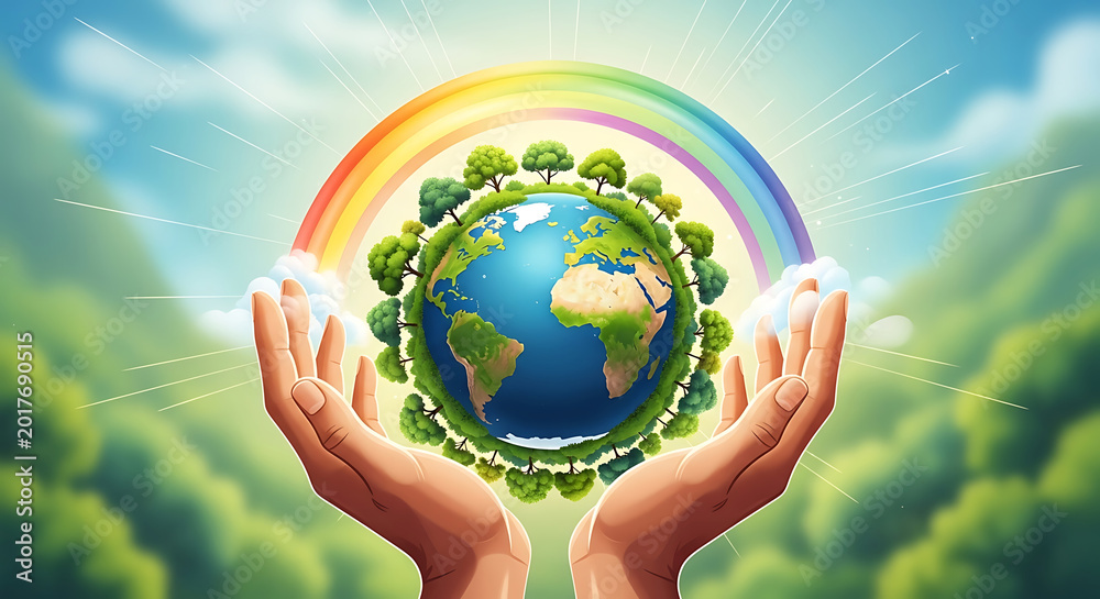 Obraz premium Hands holding a green earth with a rainbow in a natural landscape