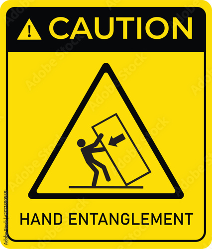 Caution sign for hand entanglement hazard warning symbol with pictogram of person and falling object safety alert for industrial or workplace use isolated on white background