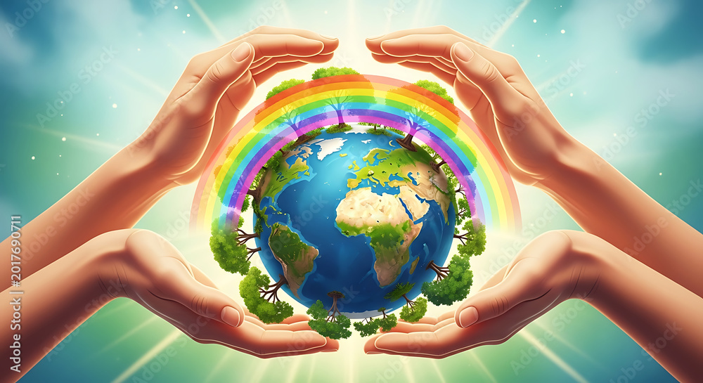Naklejka premium Hands holding earth with rainbow