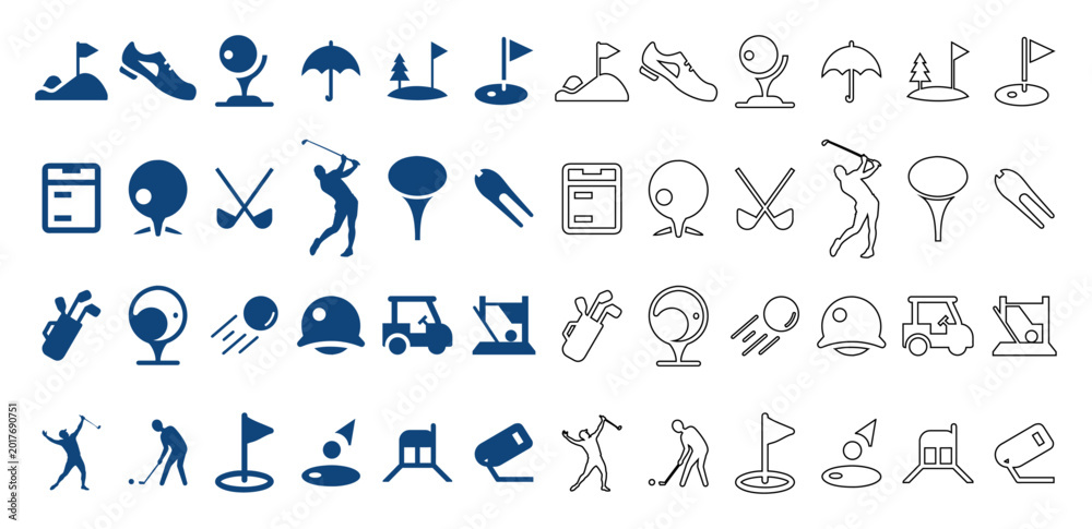 Obraz premium Golf icon set, 48 sports symbols, blue line and solid golf icons