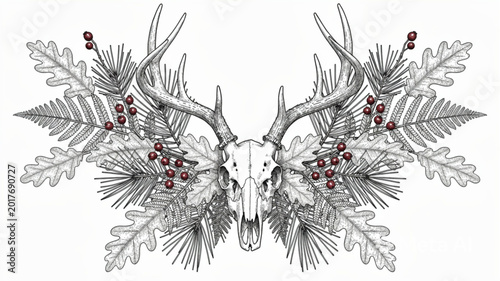 Tableau sur toile Deer Skull with Antlers and Leaves.