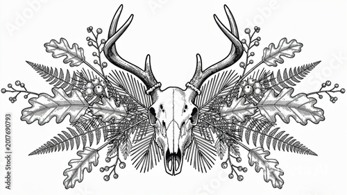 Bilde på lerret Deer skull with antlers and foliage.
