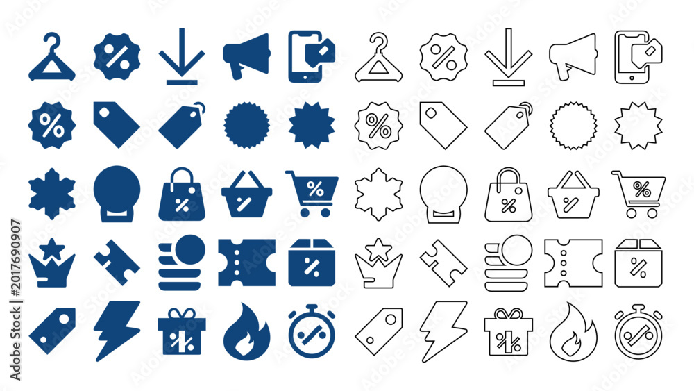 Fototapeta premium Shopping and Sale Flat outline Icon Set with Shopping Cart, Shopping Bag, Price Tag, Discount, Megaphone, Gift Box, Percent and Retail Commerce Symbols Collection