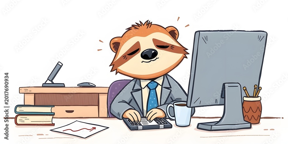 Fototapeta premium Adorable sloth character in crayon drawing style wearing office suit and tie, sitting tired at a desktop computer with an exhausted overworked expression.