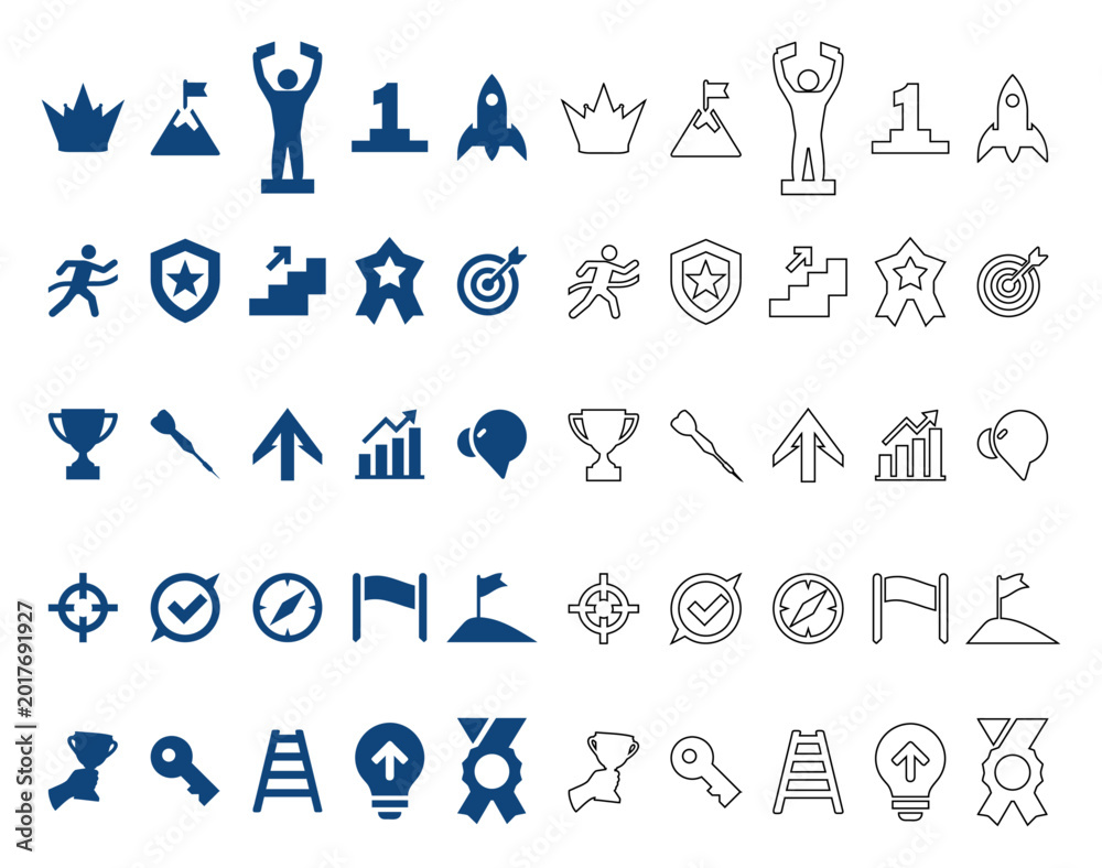 Fototapeta premium Achievement and Success Vector Icons Set with Trophy Medal Crown Target Flag and Award Symbols.