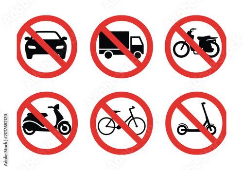 No vehicle entry sign prohibited transport icons set vector illustration representing traffic restriction and road safety regulation symbols. Free Download No vehicle entry sign prohibited transport icons set vector illustration representing traffic restriction and road safety regulation symbols. - GFXLoad