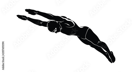 Tableau sur toile Swimmer diving in freestyle stroke black silhouette
