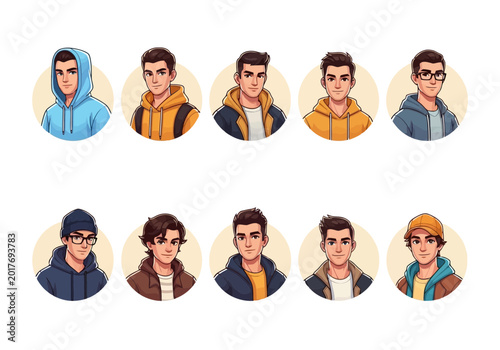 Set of diverse young men avatars with various hairstyles and clothes