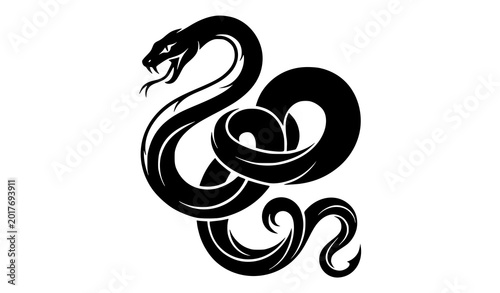 Bild auf Leinwand Decorative coiled snake silhouette black wildlife vector illustration