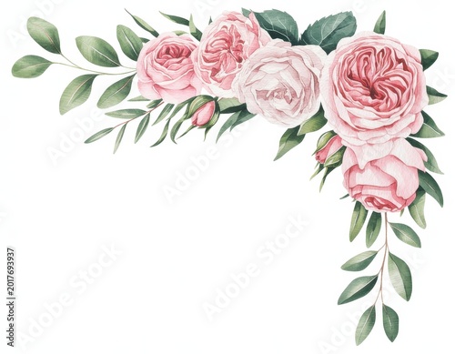Watercolor pink roses and eucalyptus leaves corner border isolated on white background