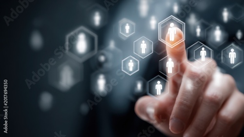 Human resources concept with a finger selecting a digital person icon
