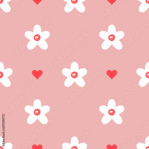 Seamless hand-drawn pattern with white flowers and pink centers on a pastel pink background
