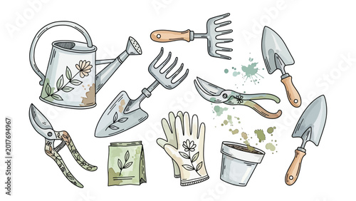 Photos Gardening tools collection watering can gloves and pot