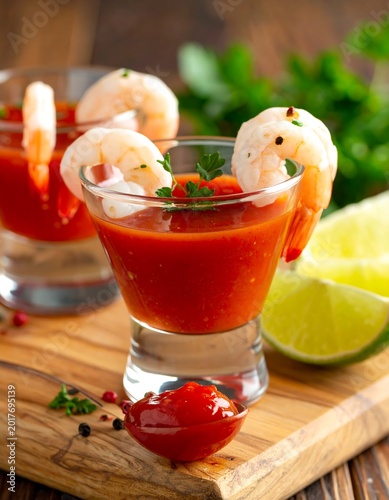Appetizing shrimp cocktail shooters with lime