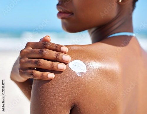 Applying sun protection to skin at beach