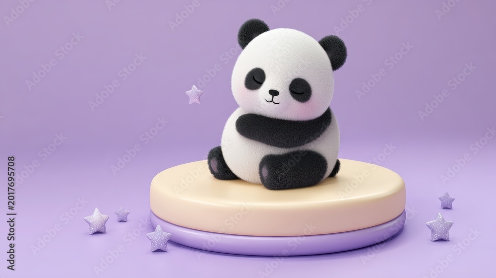 Fototapeta premium Minimal round baby panda hugging blank cream greeting card on soft lavender platform