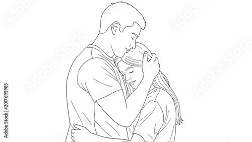 Schilderij op canvas A man tenderly hugs a child with 2D CAD style illustration