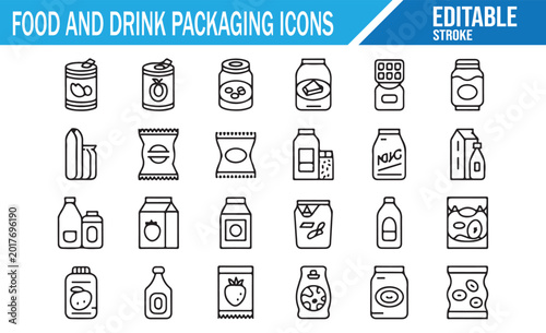 Food and Drink Packaging Outline Icons Set for Grocery and Beverage Products