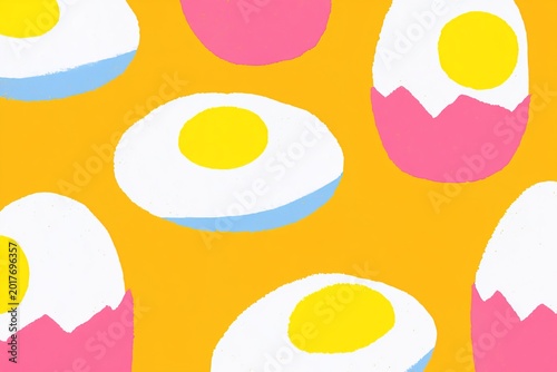 Bright and playful eggs on a sunny yellow background in a whimsical pattern