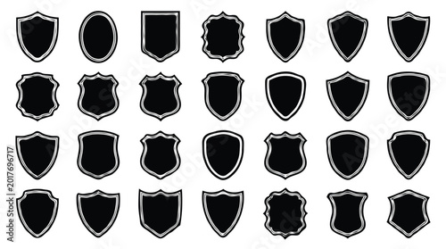 Large set of blank shield silhouettes, heraldic frames and badges collection.