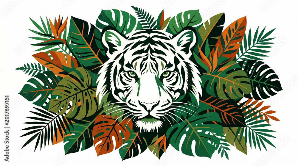 Fototapeta premium Negative Space Tiger Face in Tropical Leaves Wildlife Conservation Vector