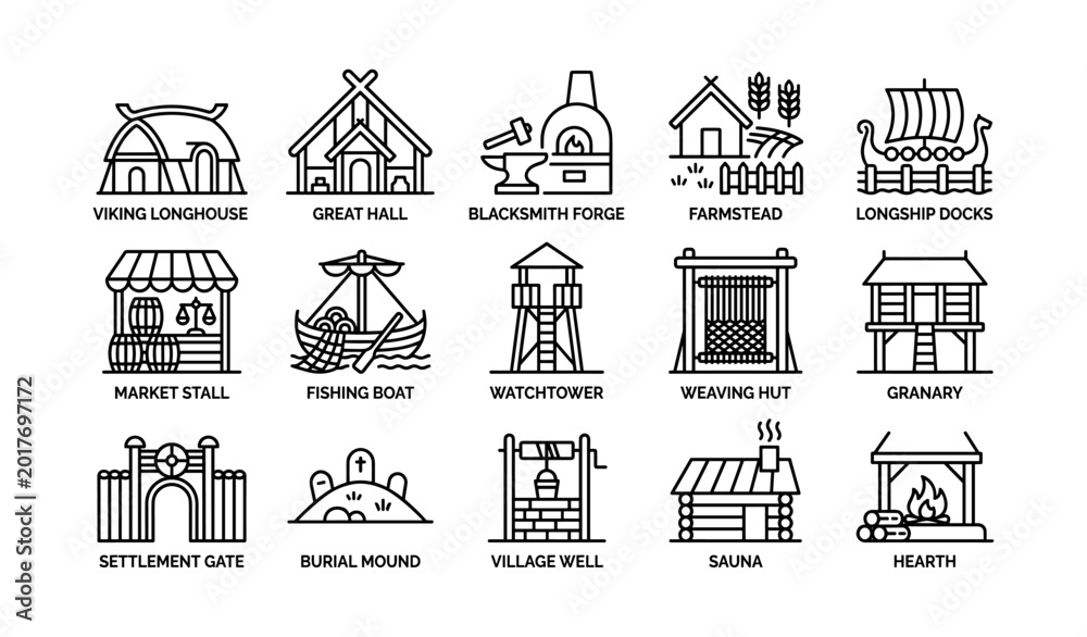 Fototapeta premium Viking settlement line icons showing buildings and village elements