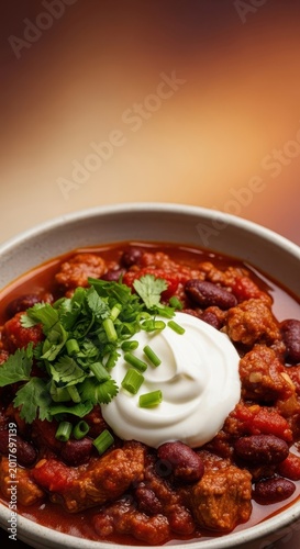 Hearty bowl of savory chili stew, perfectly seasoned and topped with sour cream and fresh herbs, ready for a comforting meal, serving, bowl, cooked