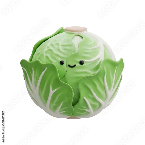 Cute 3D Cabbage Character with a Smiling Face Isolated on White