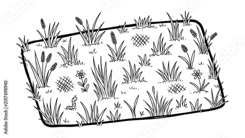 Slika na platnu Sketch of a rectangular mat with grass growing, black and whit