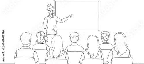 Schilderij op canvas Continuous line art illustration of a female teacher pointing at a whiteboard in
