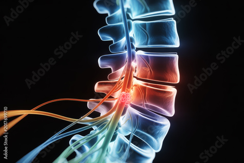 3D anatomical illustration of human spine with pinched nerve and glowing pain inflammation