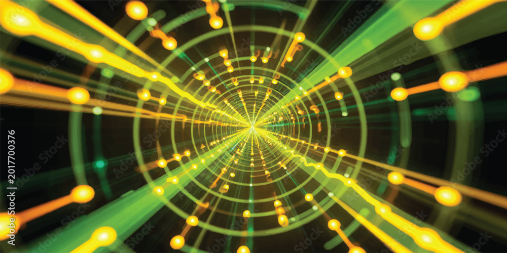 Obraz premium Abstract futuristic background featuring a green digital radar circle and motion light patterns in a dark space tunnel vector illustration