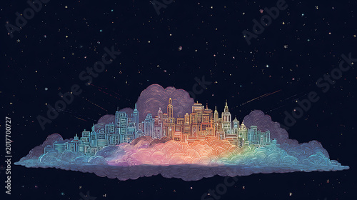 Neon cloud city skyline floating