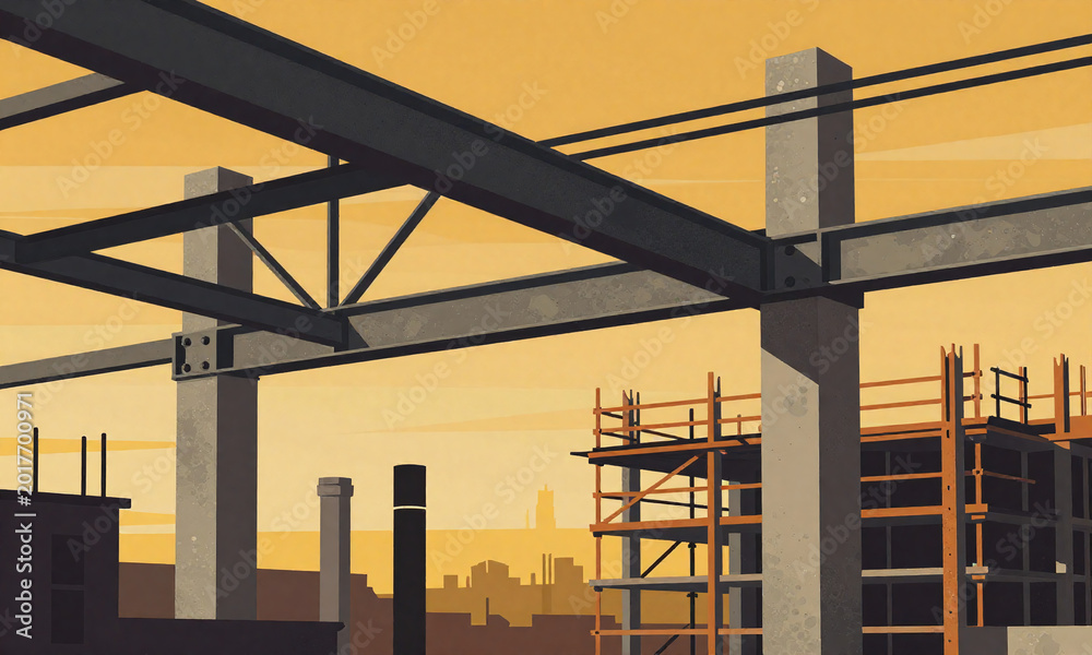 Fototapeta premium gritty construction site backdrop exposed steel beams concrete pipes abandoned scaffolding bathed warm golden light late