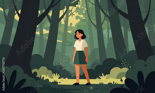 lone figure young woman look trepidation etched face ventures cautiously dense foreboding forest sunlight