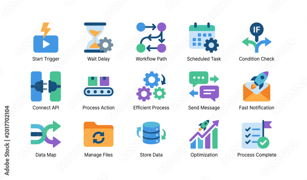 Fototapeta premium Workflow and process icons representing automation and system tasks