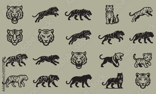 Set of Tiger Silhouette Icons in Various Poses