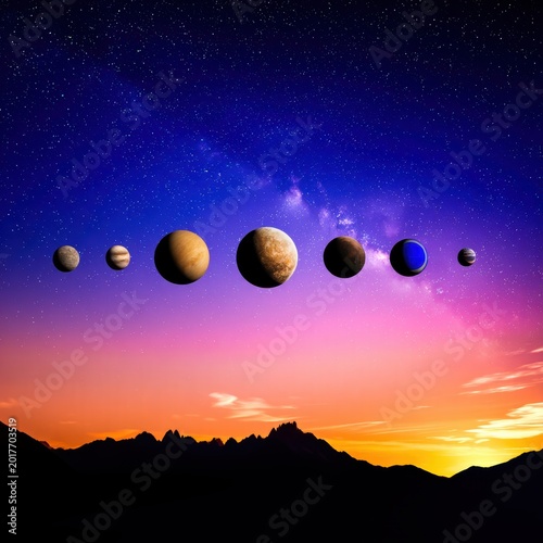 Planets Align Over Vibrant Sunset Landscape