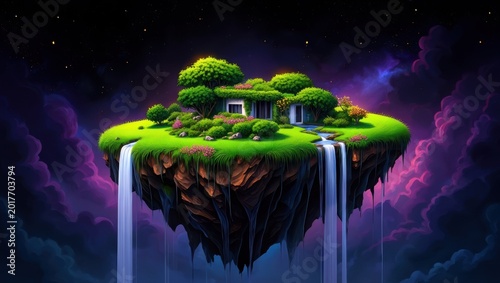 Floating Island Home Dreamscape with Waterfalls and Cosmic Sky