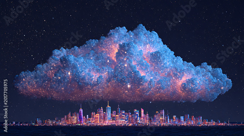 Neon cloud city skyline floating