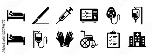 Essential hospital medical care icons illustrating patient treatment, professional nursing, vital signs monitoring, intravenous therapy, and supply management.