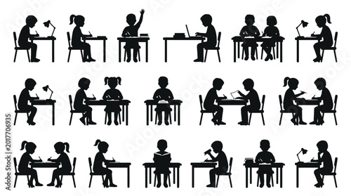 School students sitting at desks and studying set, black silhouettes. various poses of children reading books.
