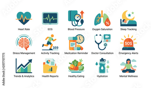 Health and wellness icons arranged in grid on white background