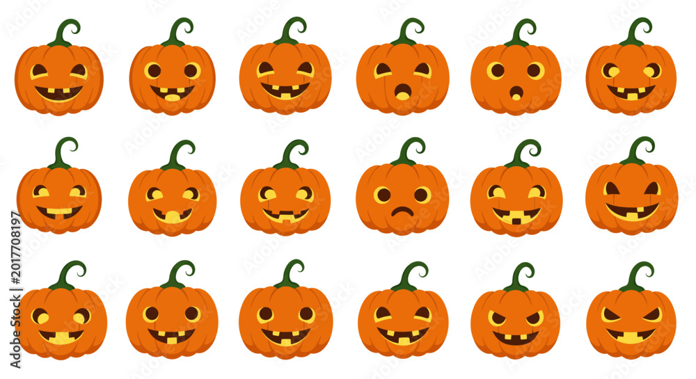 Fototapeta premium A vibrant collection of cartoon pumpkin jack-o'-lanterns displaying a wide range of expressive faces, perfect for Halloween celebrations and autumn themes