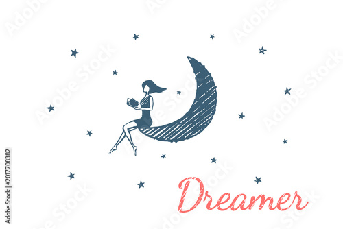 Fotografie Dreamer Reading on the Moon Illustration