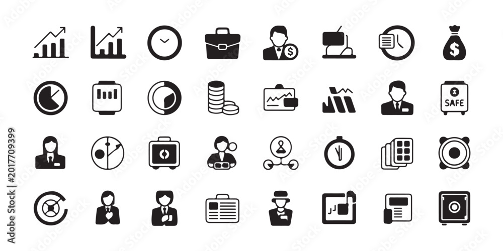 Fototapeta premium Comprehensive Business Finance and Analytics Solid Icon Set