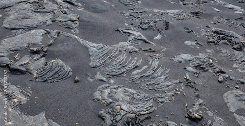 Photography Black volcanic landscape with hardened lava formations and sparse vegetation on