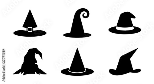 Quadro su tela Witch Hats Vector Icons, Spooky Halloween Silhouettes, Magical Costume Elements,