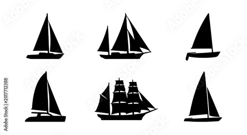 Foto Six Silhouette Sailboat Icons, Nautical Vector Set, Maritime Vessel Graphics