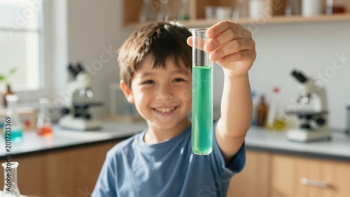 A happy young boy holds up a glass test tube filled with green liquid in a bright science lab. He enjoys a stem education experiment with a microscope in the background
